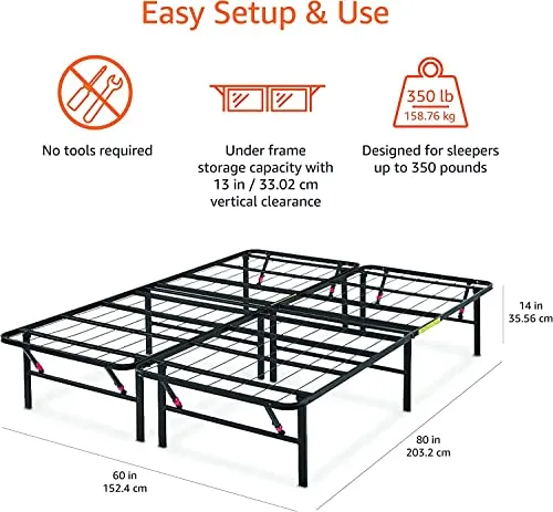 Amazon Basics Foldable Metal Platform Bed Frame with Tool Free Setup, 14 Inches High, Queen, Black