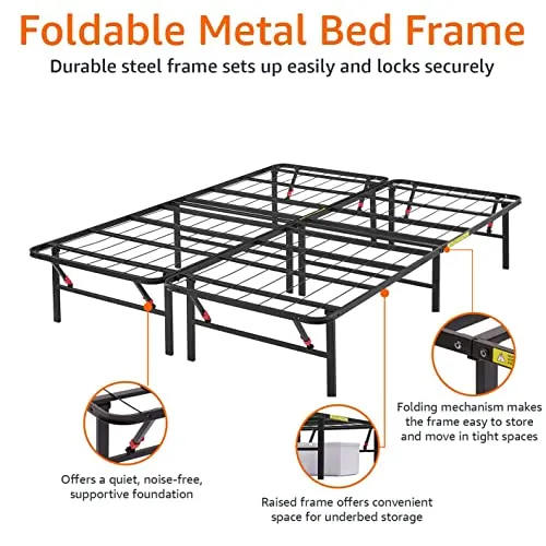 Amazon Basics Foldable Metal Platform Bed Frame with Tool Free Setup, 14 Inches High, Queen, Black