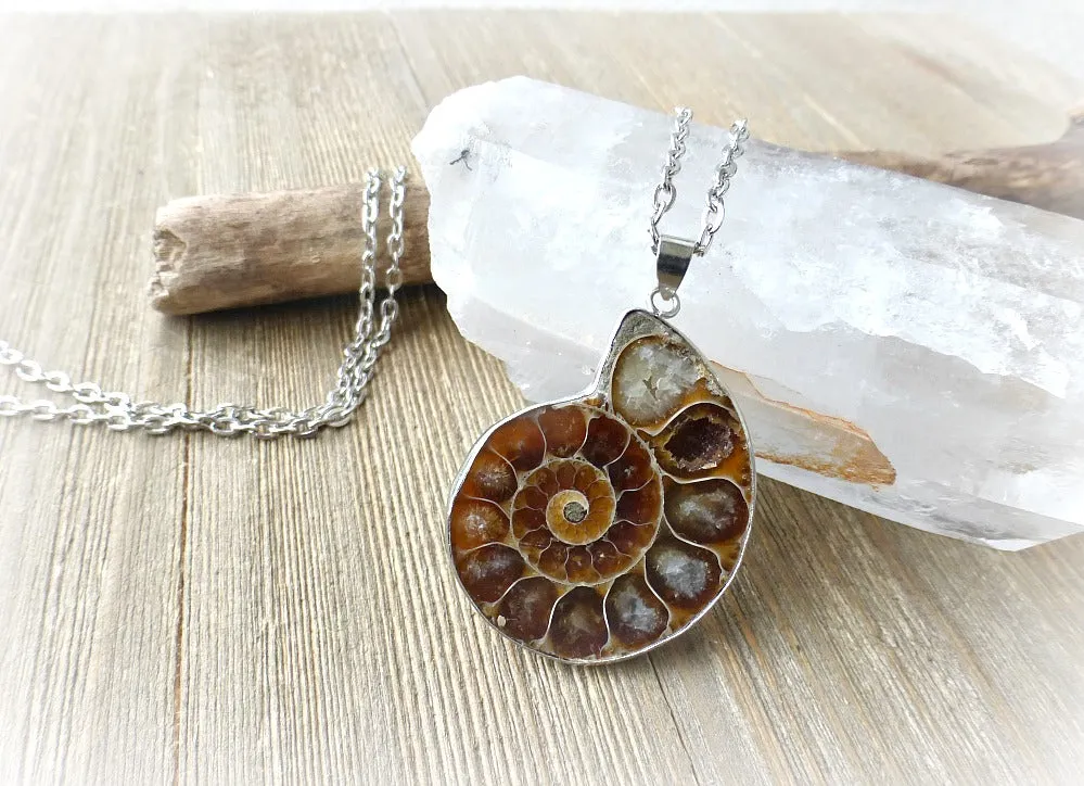 Ammonite shell stone silver frame pendant with silver chain necklace.