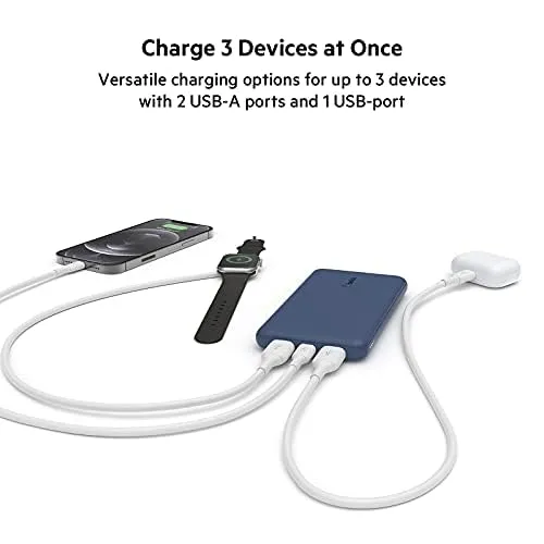 Belkin 10000 mAh 15W PD 3.0 Slim Fast Charging Power Bank with 1 USB-C and 2 USB-A Ports to Charge 3 Devices Simultaneously, for iPhones, Android Phones, Smart Watches & More - Blue