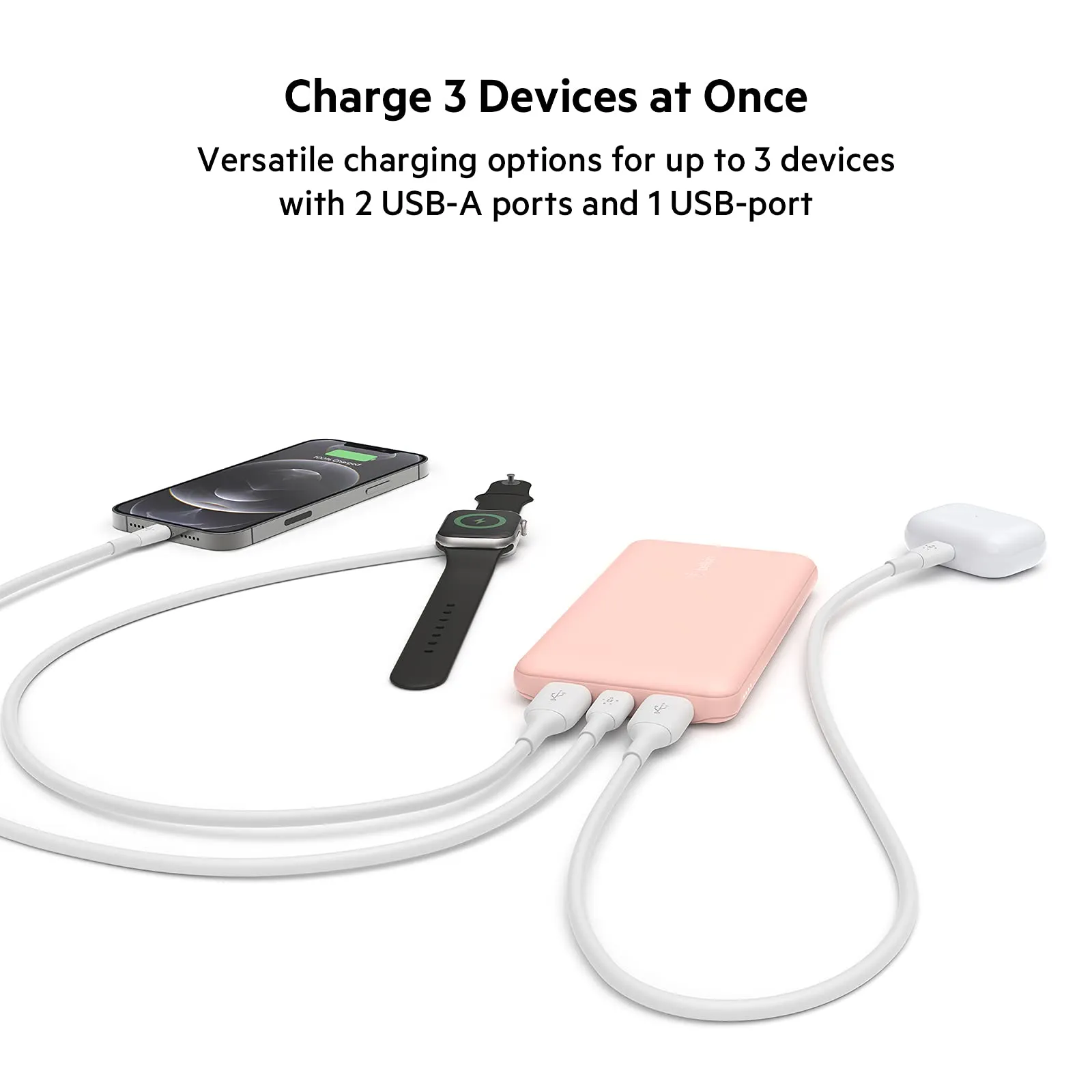 Belkin 10000 mAh 15W PD 3.0 Slim Fast Charging Power Bank with 1 USB-C and 2 USB-A Ports to Charge 3 Devices Simultaneously, for iPhones, Android Phones, Smart Watches & More - Rose Gold