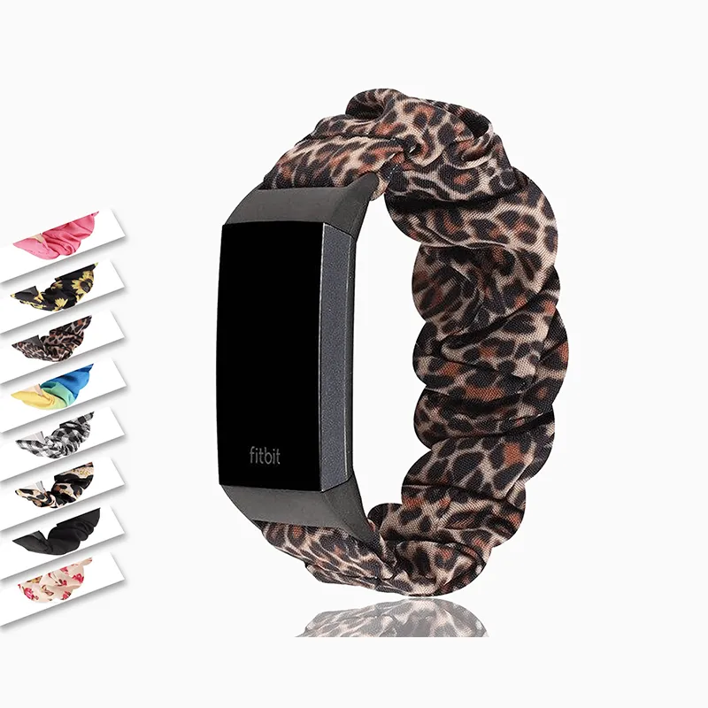 Cheetah Spots Animal Print Pattern Beige Brown Watch Band For Fitbit Charge 4 3, Women Soft Elastic Sport Bracelet Scrunchy ladies Watchband