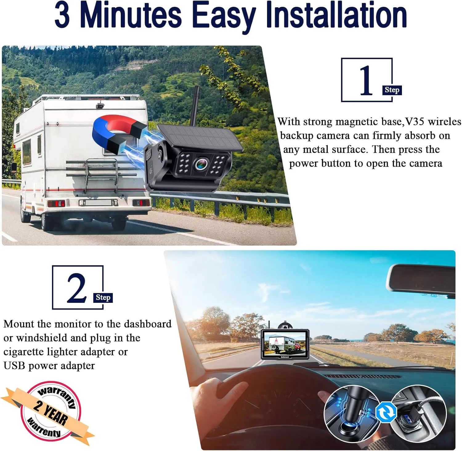 HD 1080P Wireless Solar Backup Camera Kit: Portable Magnetic Rear View for Trucks, RVs, and Campers