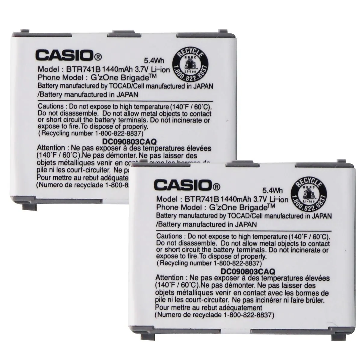 KIT 2x OEM Casio BTR741B 1390 mAh Replacement Battery for C741 Brigade