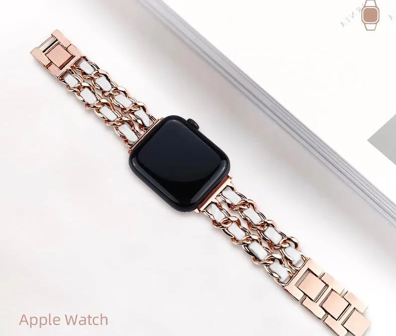 Luxurious Leather Stainless Steel Chain Band For Apple Watch Multiple Colors Available