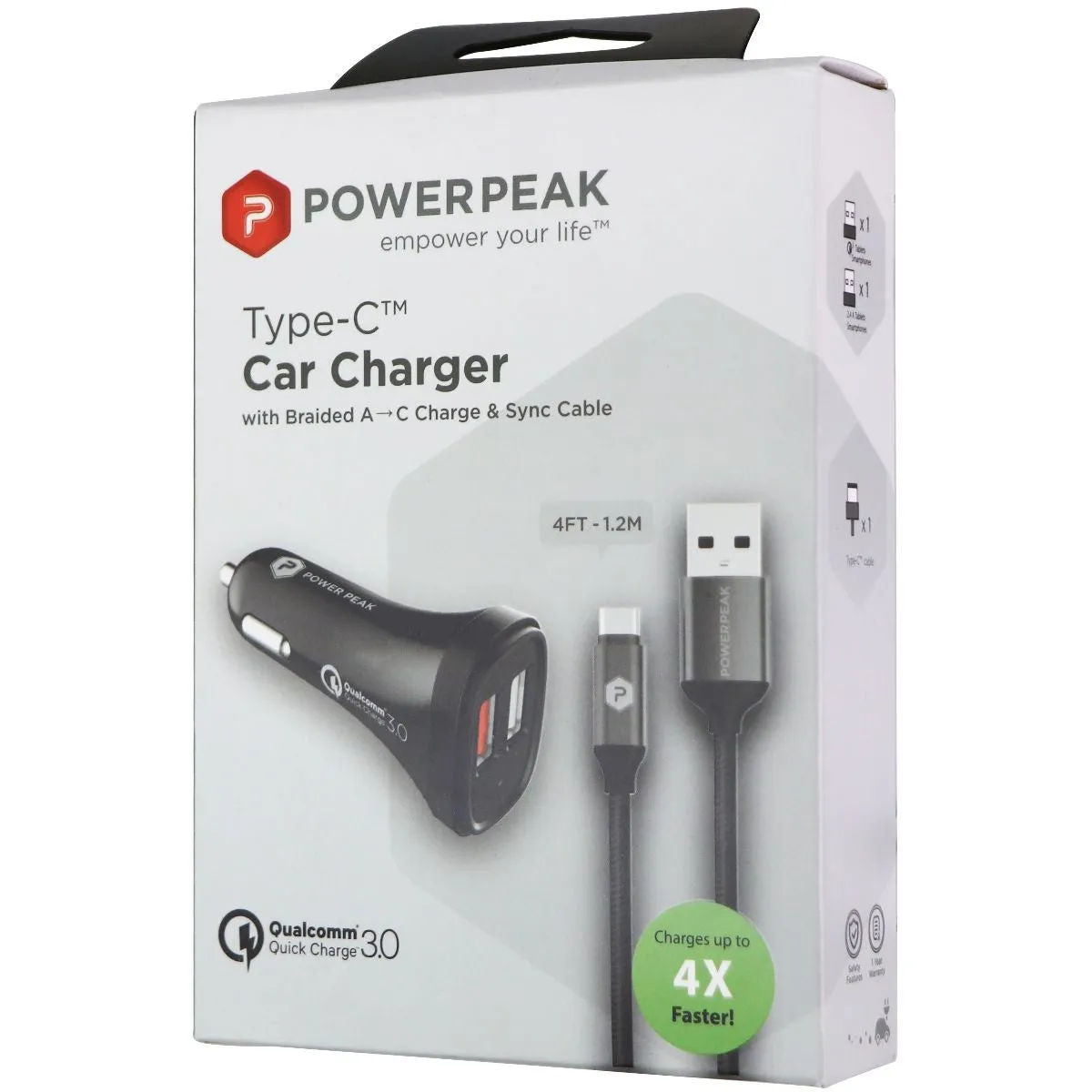 PowerPeak QC 3.0 Dual USB Car Charger with 4Ft Braided USB-C Cable  - Black