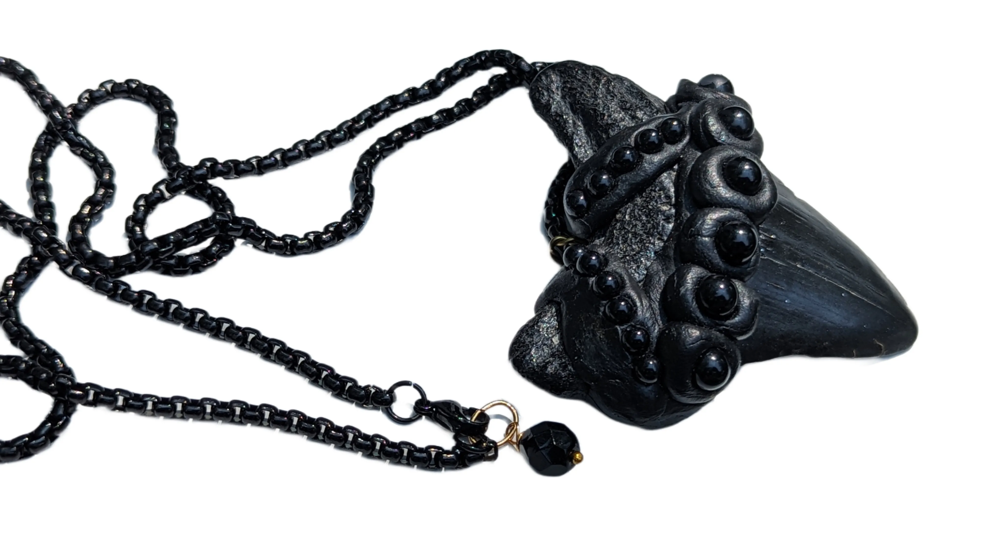 Real Megalodon Shark Tooth Fossil pendant Black Swarovski Pearls Unisex Statement Sugar Gay Isber 27 inch black chain