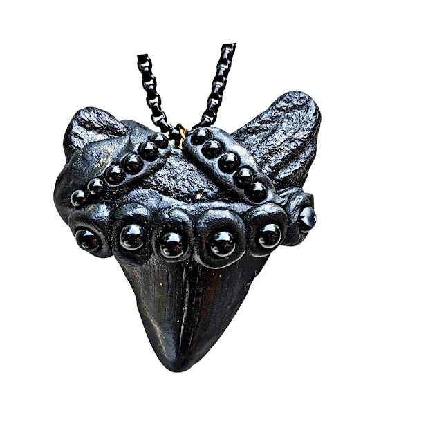 Real Megalodon Shark Tooth Fossil pendant Black Swarovski Pearls Unisex Statement Sugar Gay Isber 27 inch black chain