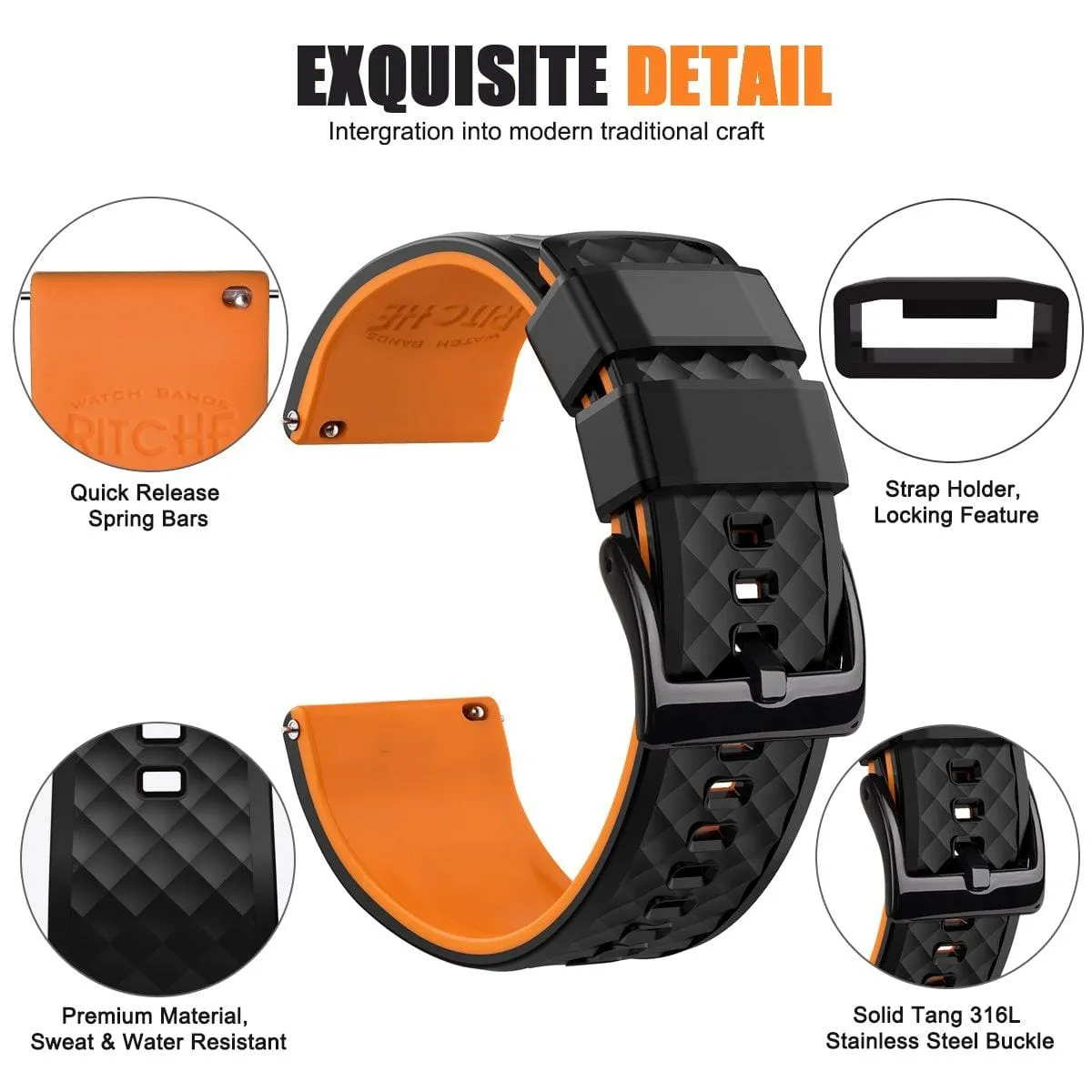 Ritche Black/Orange Classic Silicone Watch Bands