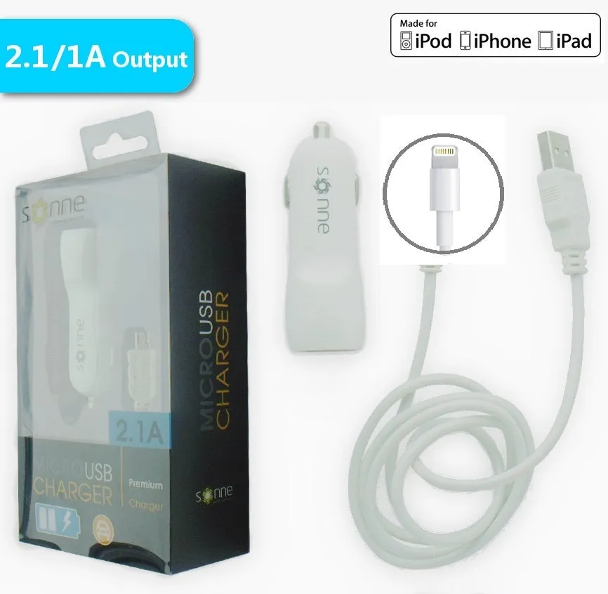 SONNE WIRELESS PREMIUM WHITE  CAR PLUG 2.1/1 Amp DUAL USB PORT WITH WHITE iPhone 5S/5C/6 DATA CABLE