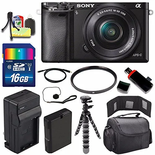 Sony Alpha a6000 Mirrorless Digital Camera with 16-50mm Lens (Black)   Battery   Charger   16GB Bundle 1 - International