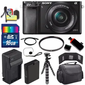 Sony Alpha a6000 Mirrorless Digital Camera with 16-50mm Lens (Black)   Battery   Charger   16GB Bundle 1 - International