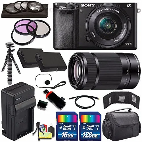 Sony Alpha a6000 Mirrorless Digital Camera with 16-50mm Lens (Black)   Sony E 55-210mm f/4.5-6.3 OSS E-Mount Lens 144GB Bundle