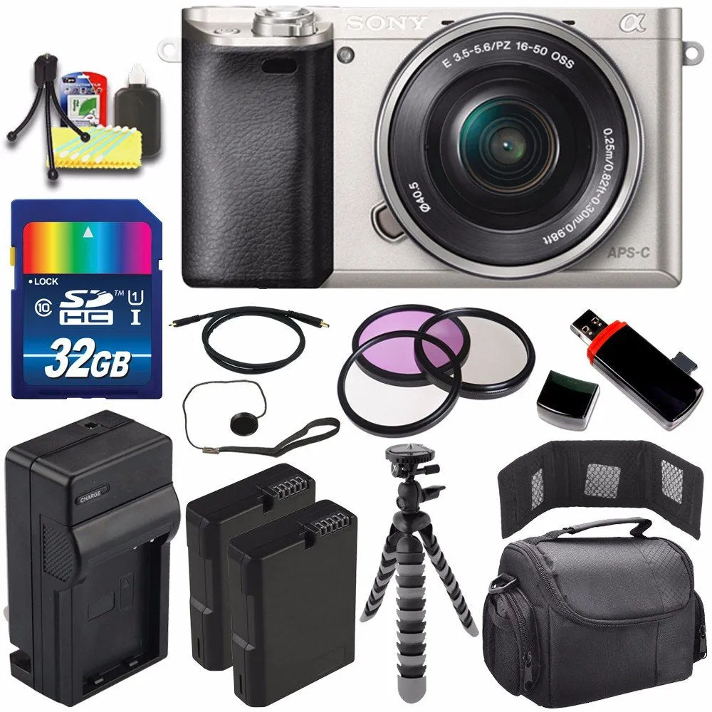 Sony Alpha a6000 Mirrorless Digital Camera with 16-50mm Lens (Silver)   Battery   Charger   32GB Bundle 5 - International