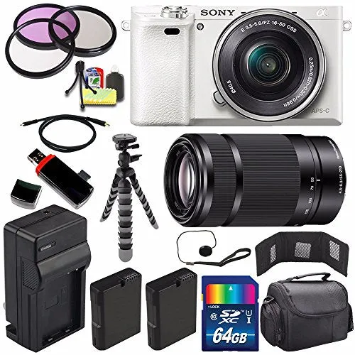 Sony Alpha a6000 Mirrorless Digital Camera with 16-50mm Lens (White)   Sony E 55-210mm f/4.5-6.3 OSS E-Mount Lens 64GB Extreme Bundle