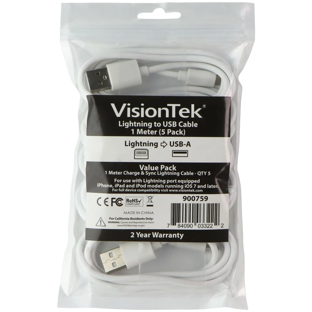 VisionTek Lightning 8-Pin to USB-A (1M/3.2FT Cable) - White (900759) 5 Pack