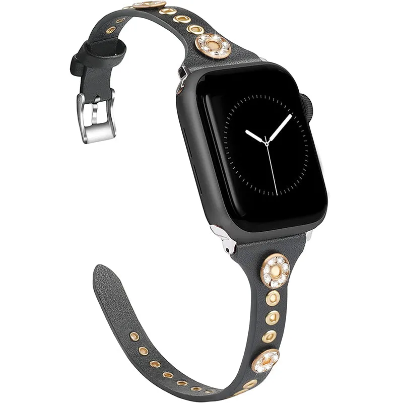 Wearlizer Slim Leather Apple Watch Band with Bling Studs iwatch Series 6 5 4 3 2 1 for Women Girls