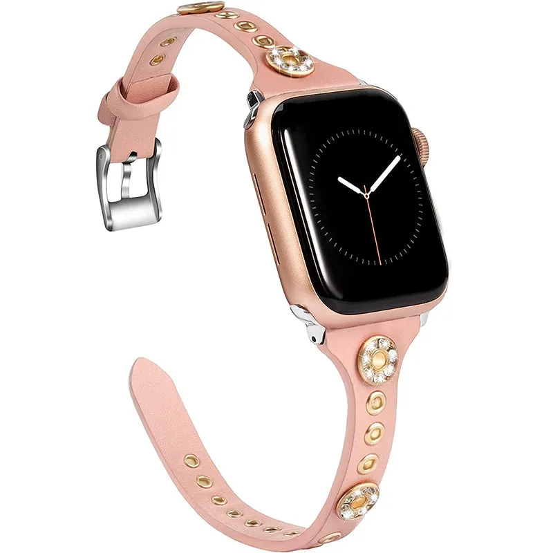 Wearlizer Slim Leather Apple Watch Band with Bling Studs iwatch Series 6 5 4 3 2 1 for Women Girls