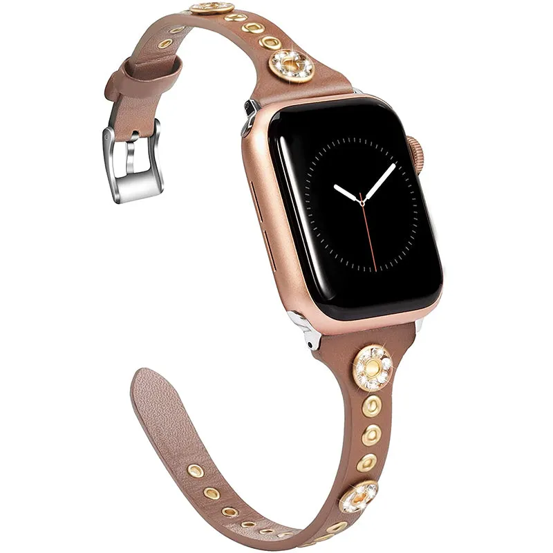 Wearlizer Slim Leather Apple Watch Band with Bling Studs iwatch Series 6 5 4 3 2 1 for Women Girls